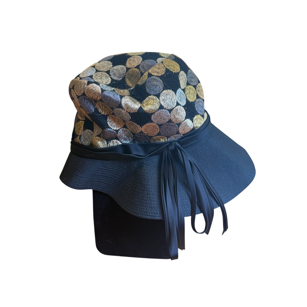 Vintage 1960s Evelyn Varon Hat Black Gold Polka Dot Cloche Dress Hat‎